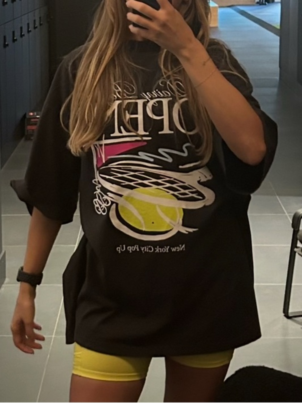 Graphic Black Short Sleeve Tee with Neon Tennis Print